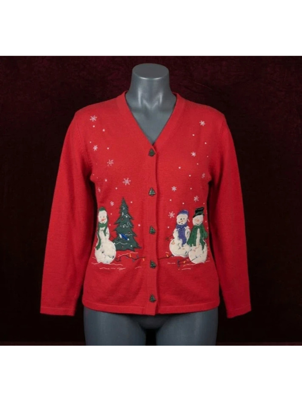 Vintage Karen Scott Christmas Cardigan Sweatshirt Medium Red Snowman
